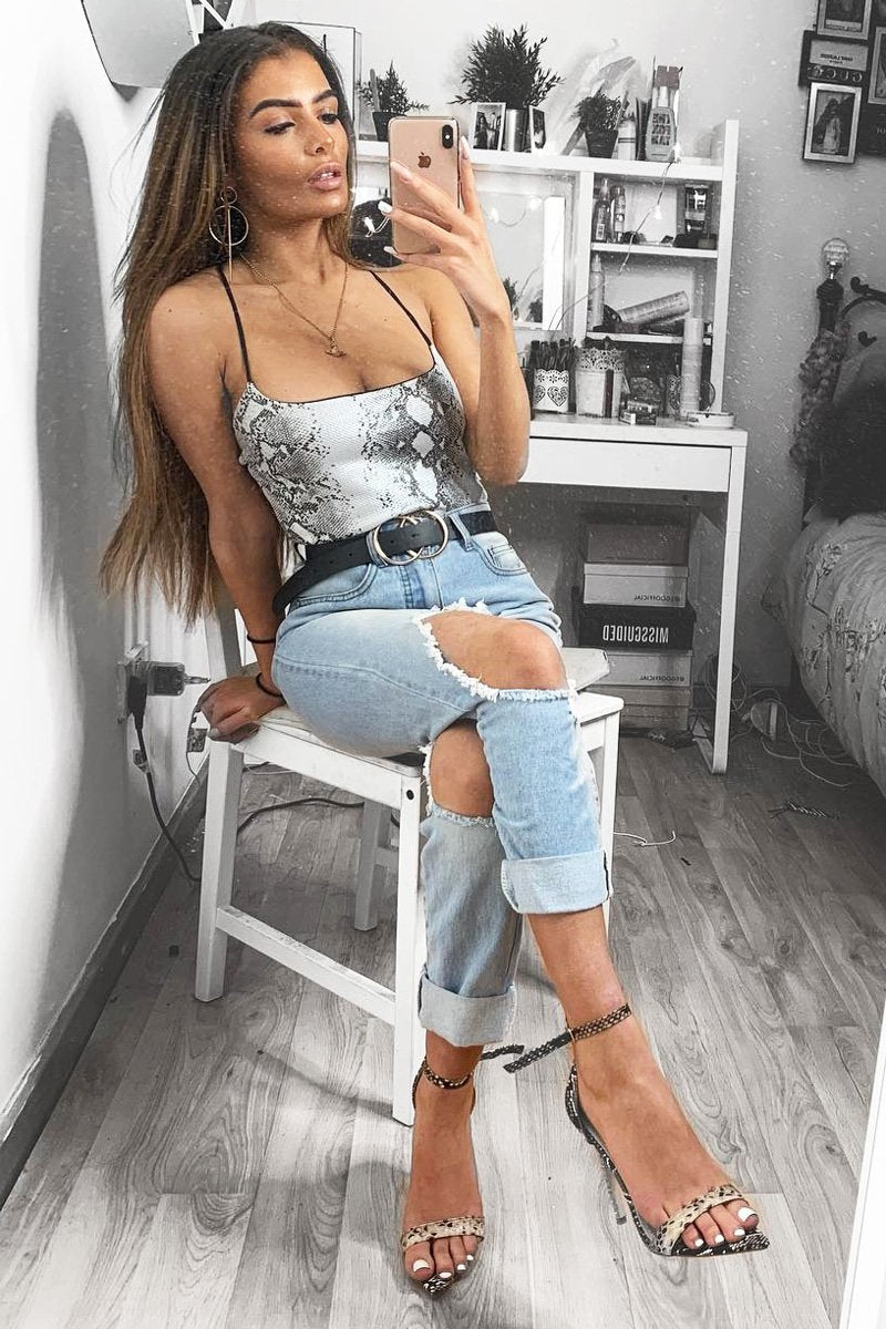 Silver Snake Print Cami Bodysuit - Lucelia-Bodysuits