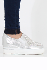 Silver Sparkle Wedged Skaters - Sofia-Shoes