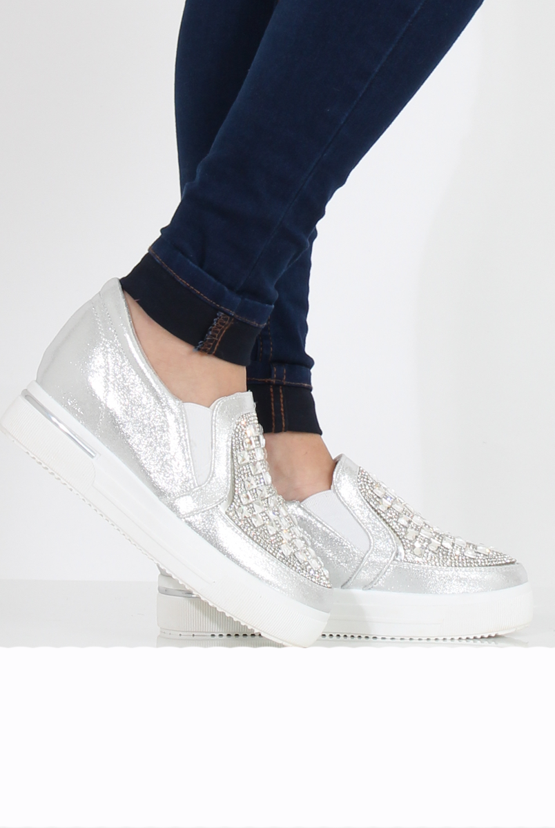 Silver Sparkle Wedged Skaters - Sofia-Shoes