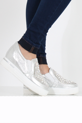 Silver Sparkle Wedged Skaters - Sofia-Shoes