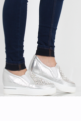 Silver Sparkle Wedged Skaters - Sofia-Shoes