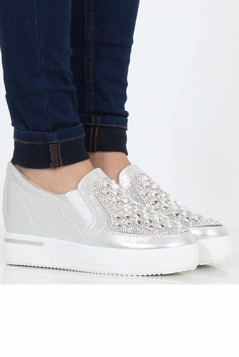 Silver Sparkle Wedged Skaters - Sofia-Shoes