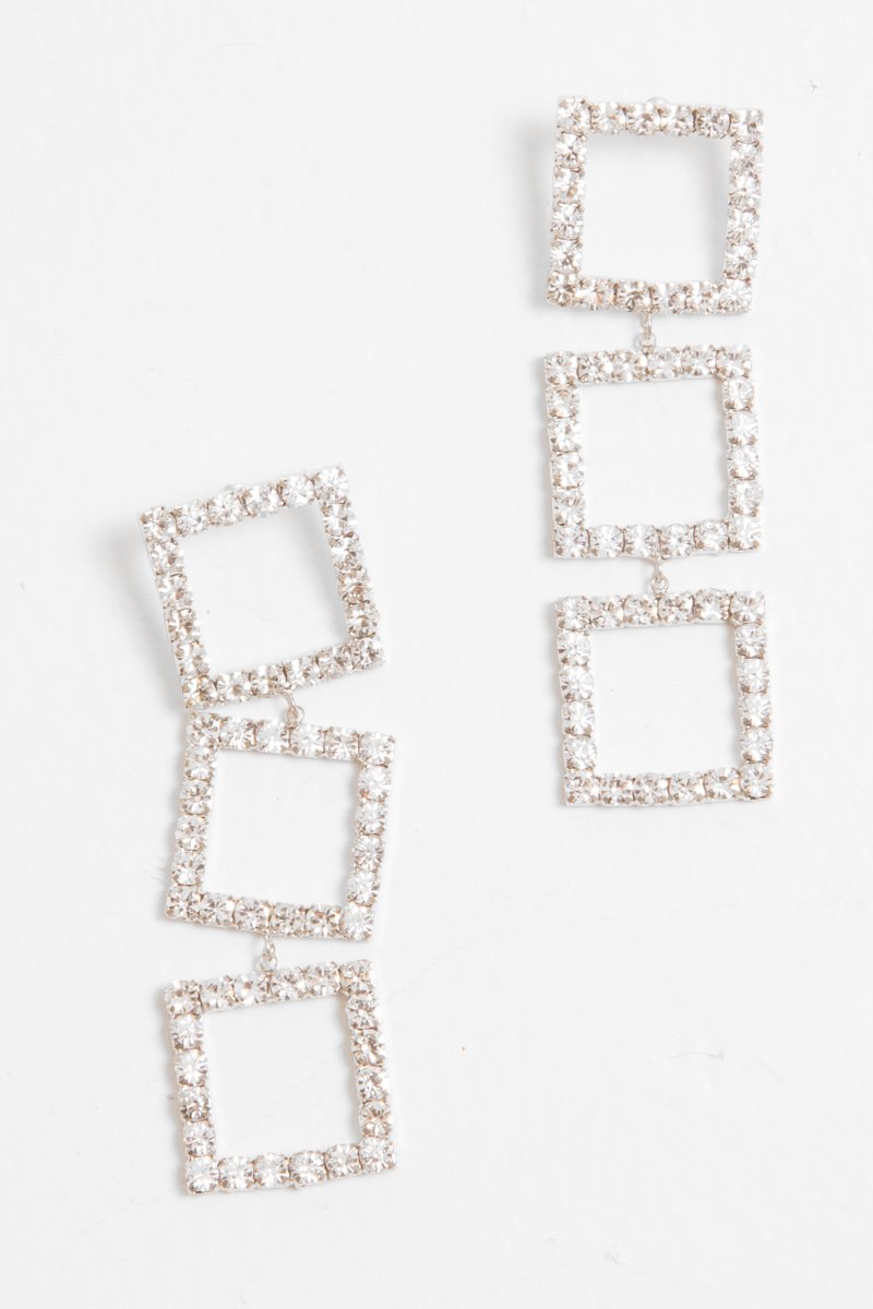 Silver Square Drop Diamante Embellished Earrings - Euna-Jewellery