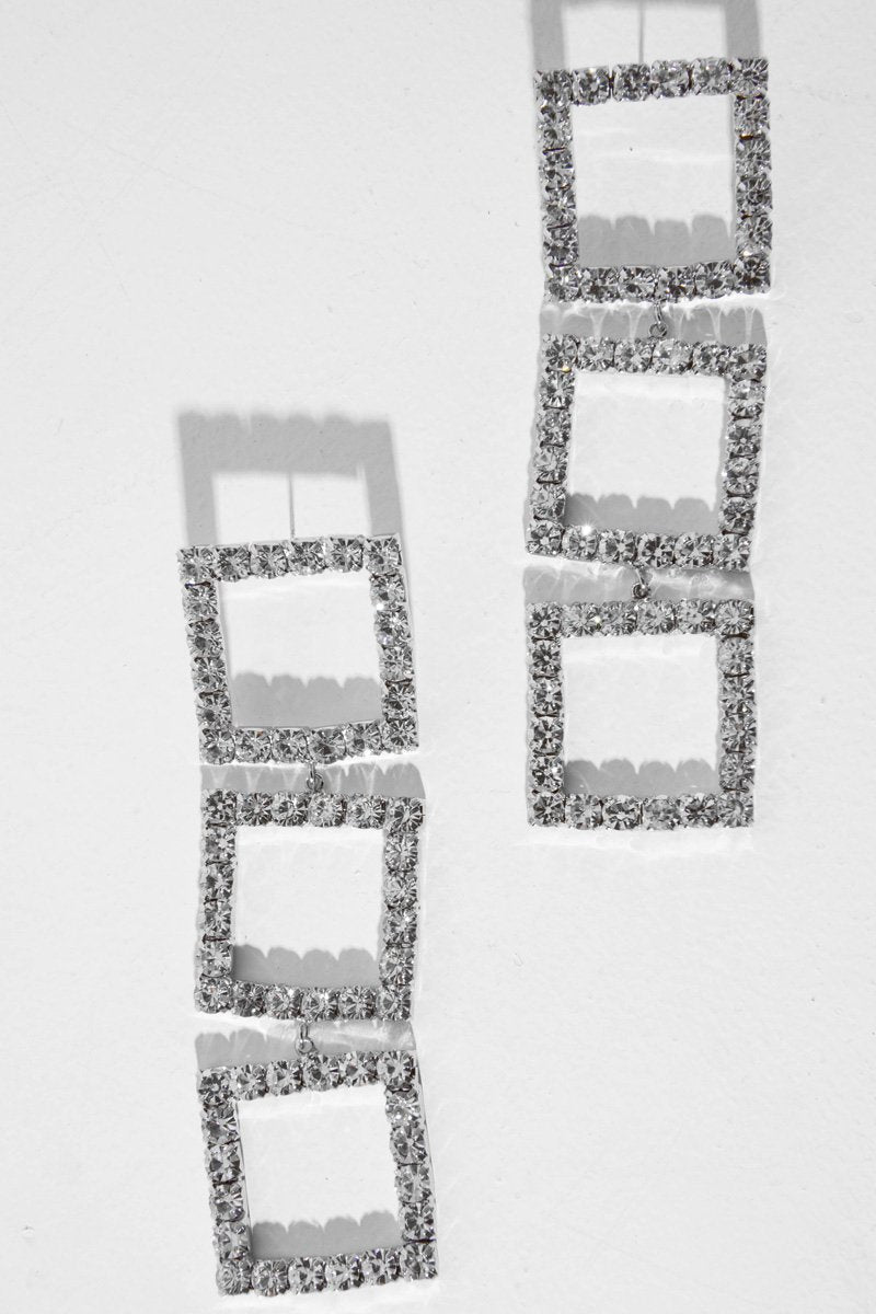 Silver Square Drop Diamante Embellished Earrings - Euna-Jewellery