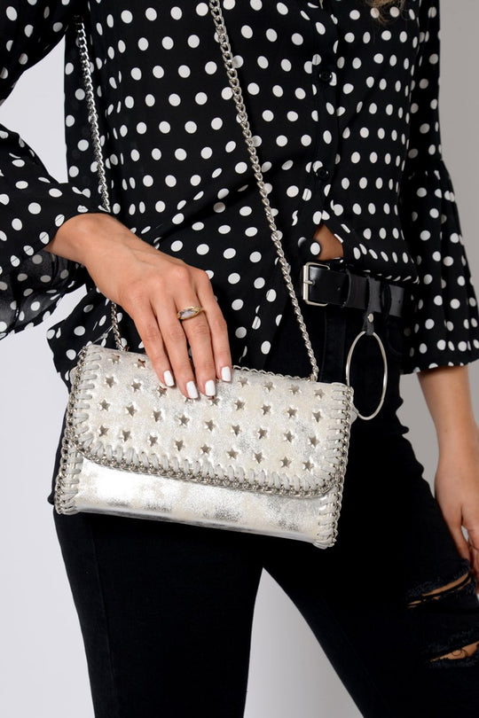 Silver Star Studded Metal Edge Clutch Bag -Teri