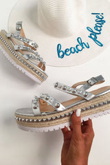 Silver Studded Espadrille Sandals - Delara-Sandals