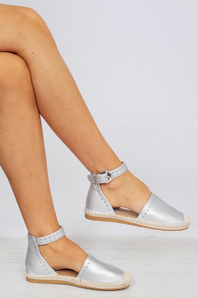 Silver Studded Espadrilles Sandals - Robin-Flats
