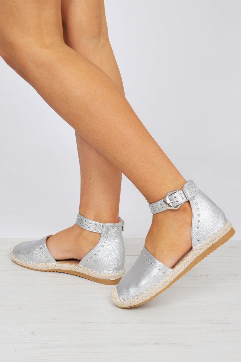 Silver Studded Espadrilles Sandals - Robin-Flats