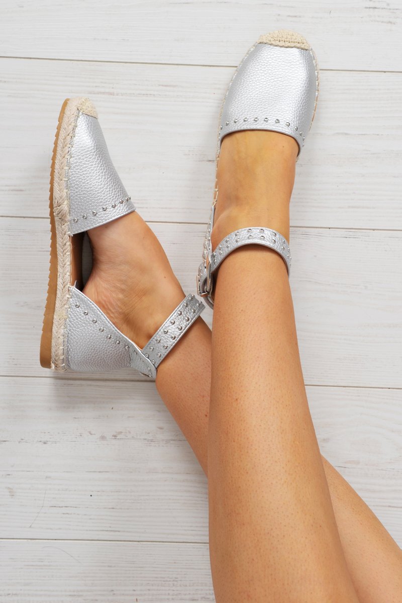 Silver Studded Espadrilles Sandals - Robin-Flats