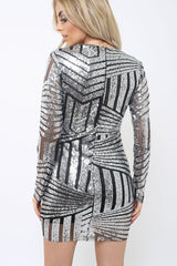 Silver and Black Sequin Bodycon Dress - Lisandra-Dresses