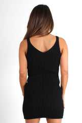 Silvia Black Knitted Ribbed V Front Dress-Dresses
