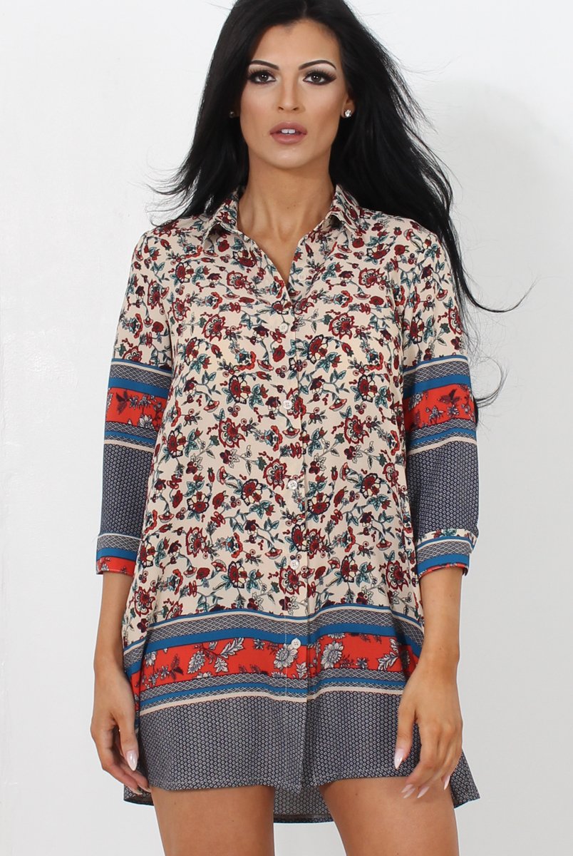 Sissi Beige Floral Shirt Dress-Dresses