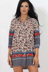 Sissi Beige Floral Shirt Dress-Dresses