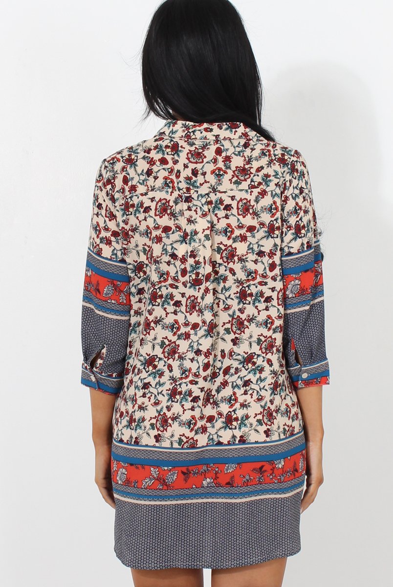 Sissi Beige Floral Shirt Dress-Dresses