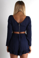 Sissy Navy Tie Front Frill Bottom Playsuit-Playsuits