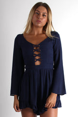Sissy Navy Tie Front Frill Bottom Playsuit-Playsuits