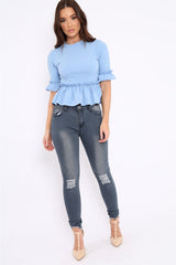 Sky Blue Peplum Frill Detail Top with Frill Sleeves - Gretta-Tops