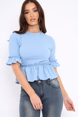 Sky Blue Peplum Frill Detail Top with Frill Sleeves - Gretta-Tops