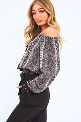 Snake Bardot Lace Detail Shirred Hem Blouse - Joeliz-Tops