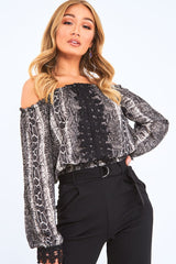 Snake Bardot Lace Detail Shirred Hem Blouse - Joeliz-Tops