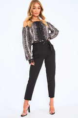 Snake Bardot Lace Detail Shirred Hem Blouse - Joeliz-Tops