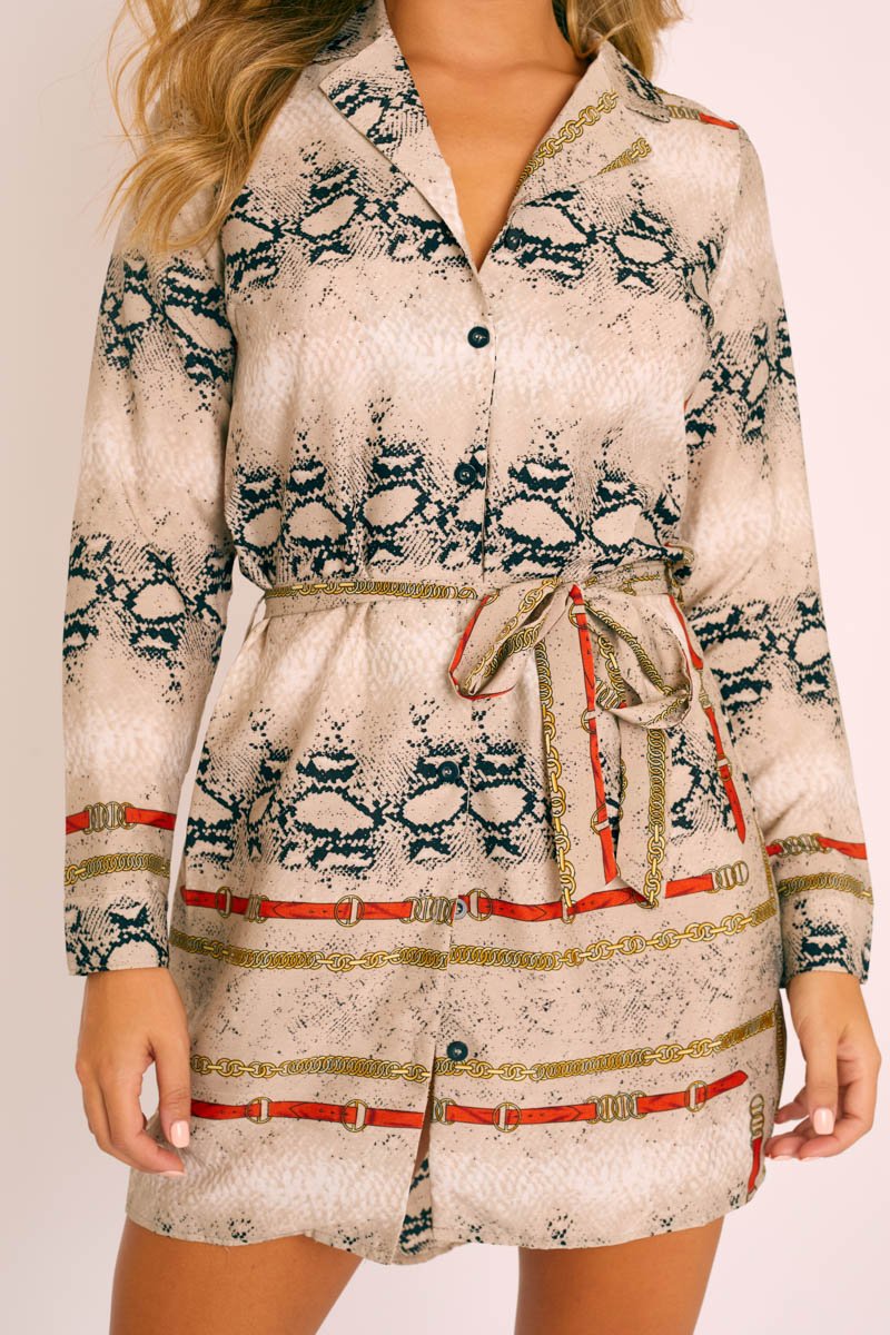 Snake Chain Print Belted Shirt Dress - Karly-Dresses