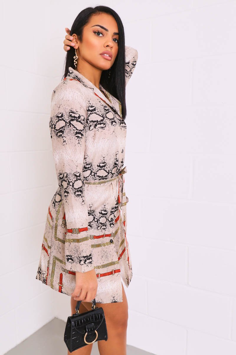 Snake Chain Print Belted Shirt Dress - Karly-Dresses