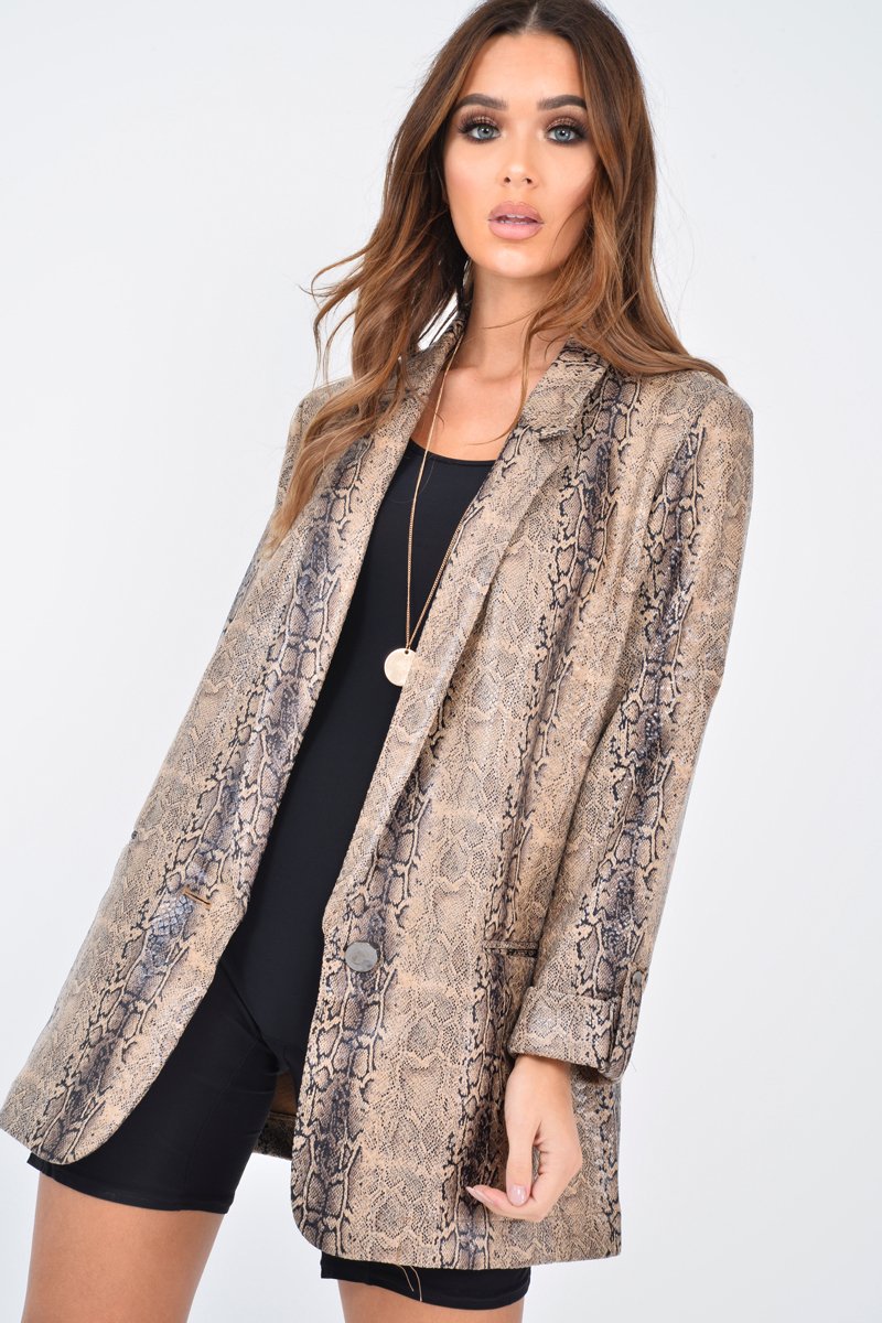 Snake Print Coated Longline Blazer - Avilyn-Jackets