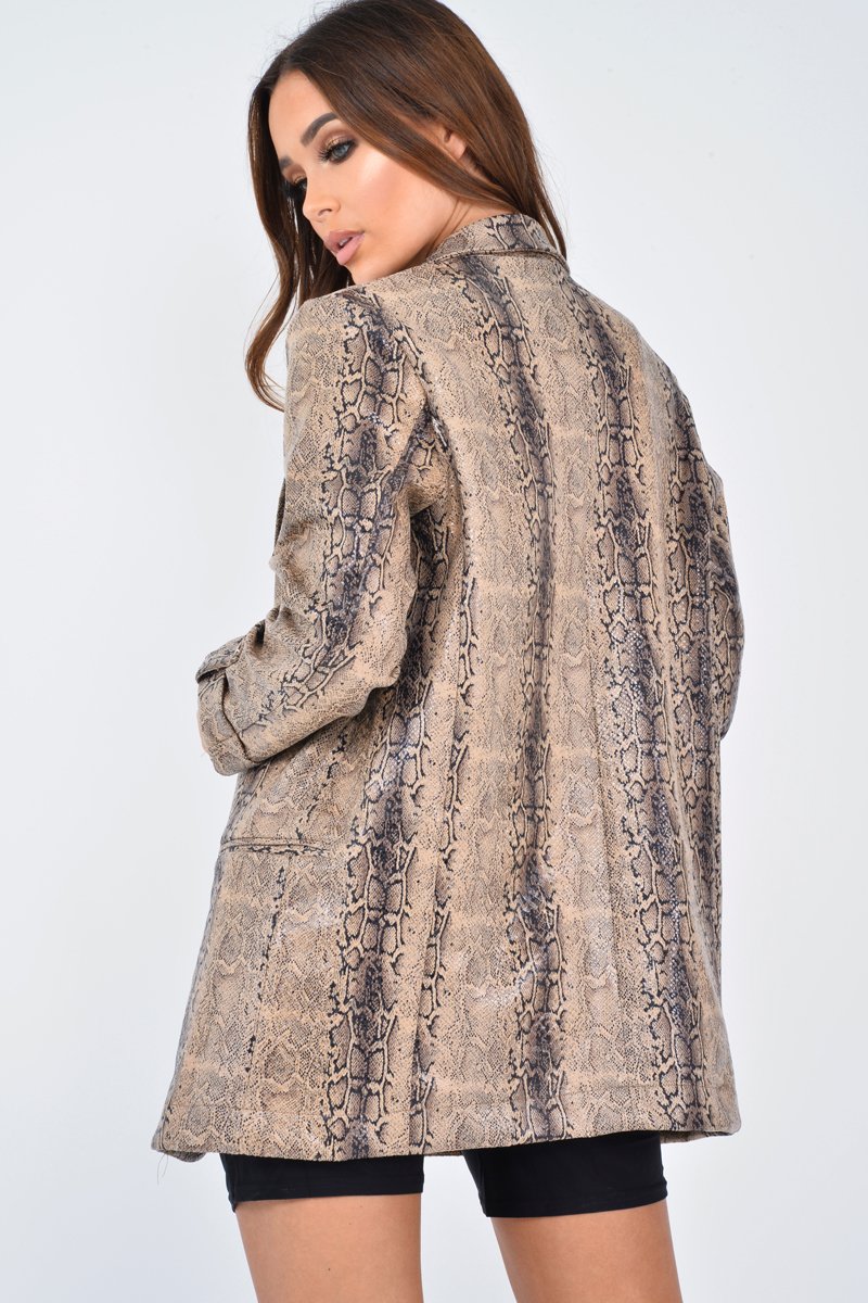 Snake Print Coated Longline Blazer - Avilyn-Jackets