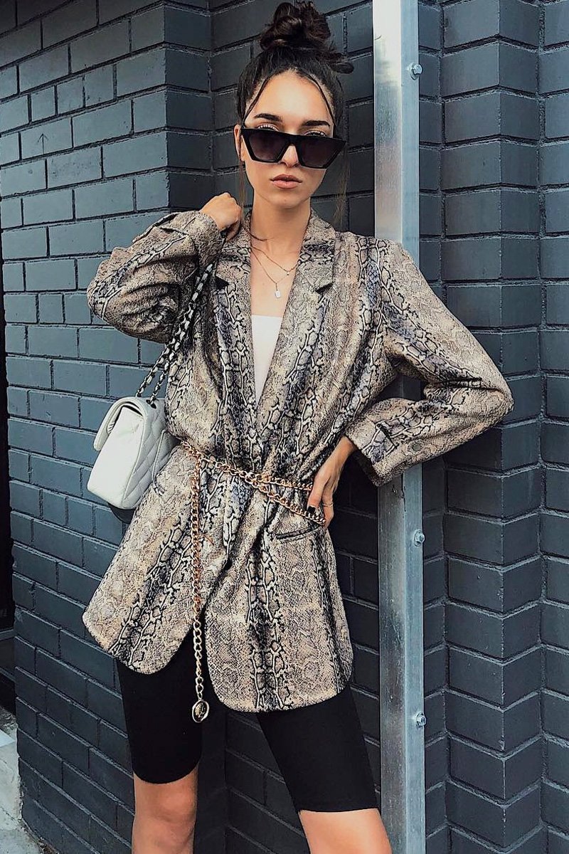 Snake Print Coated Longline Blazer - Avilyn-Jackets