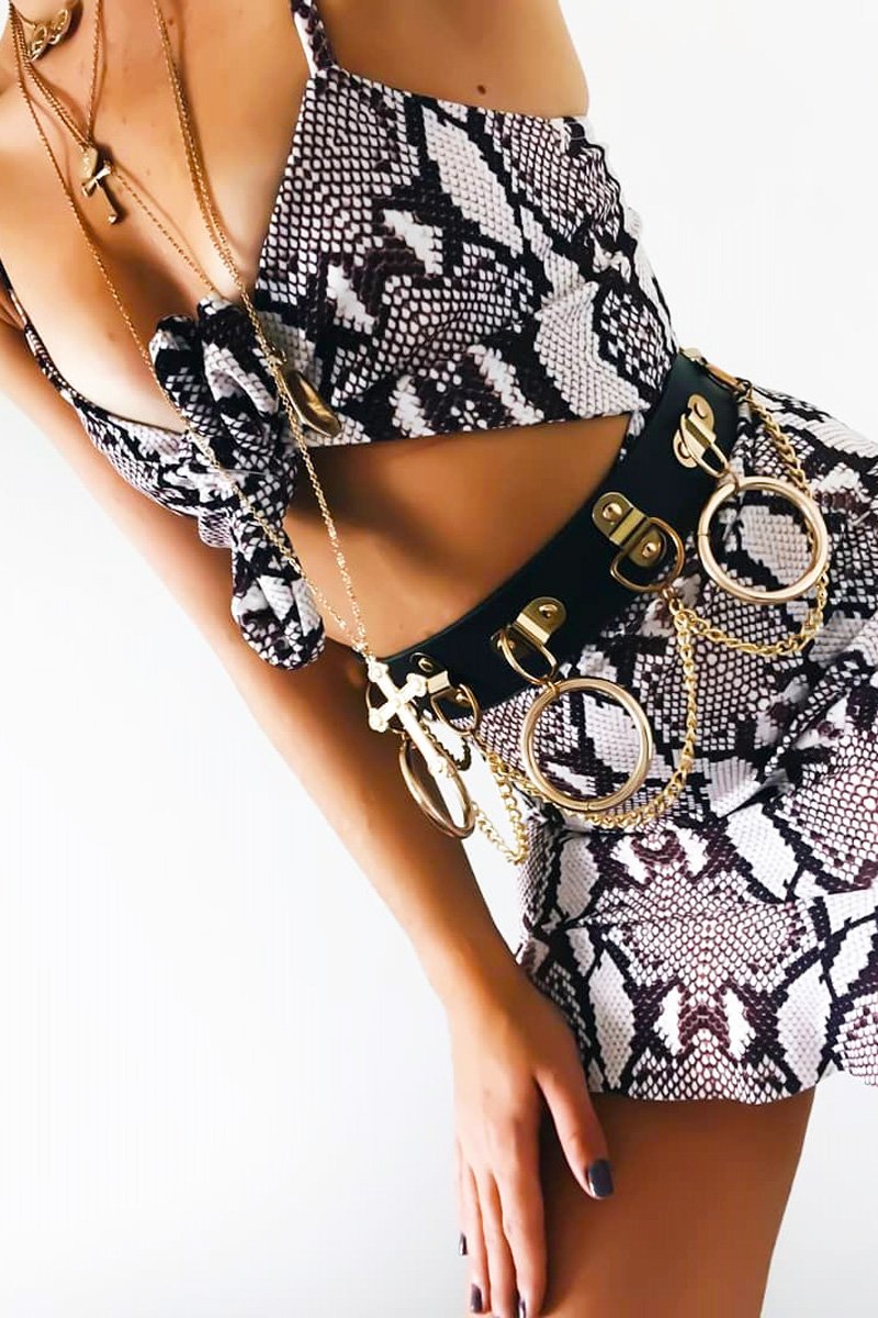 Snake Print Tie Front Ruffle Hem Dress - Cristabella-Dresses