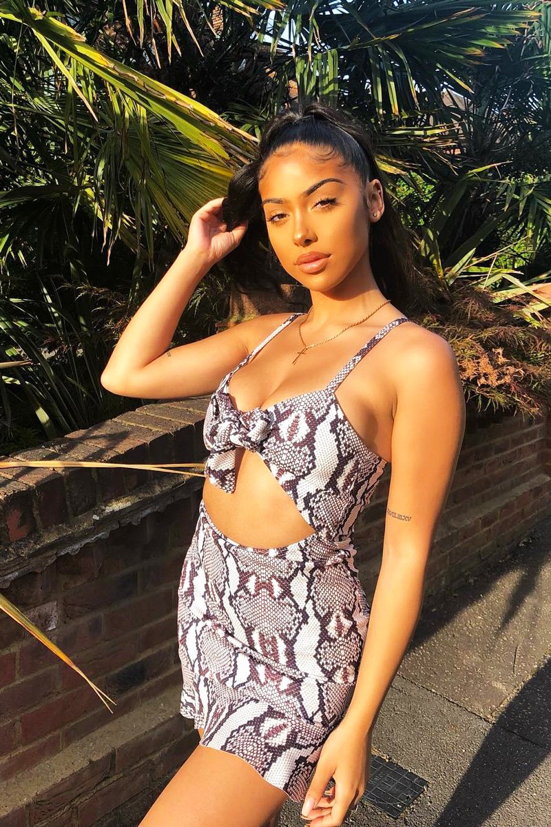 Snake Print Tie Front Ruffle Hem Dress - Cristabella-Dresses