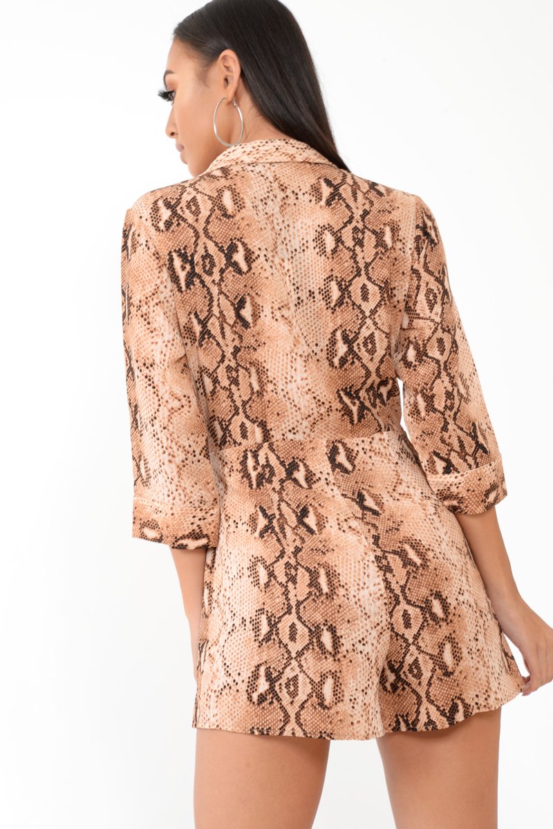 Snake Print Wrap Plunge Playsuit - Aasha-Playsuits