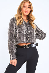 Snake Ruffle Trim Button Crop Blouse - Raeden-Tops