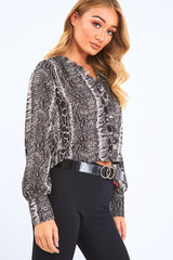 Snake Ruffle Trim Button Crop Blouse - Raeden-Tops