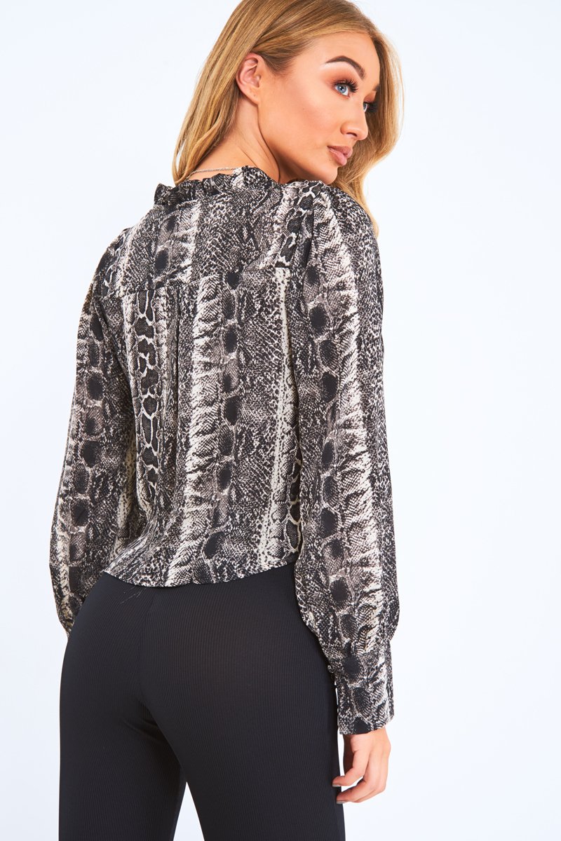 Snake Ruffle Trim Button Crop Blouse - Raeden-Tops