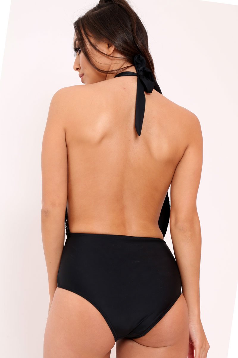 South Beach Black and Teal Sequined Plunge Swimsuit-Swimsuits