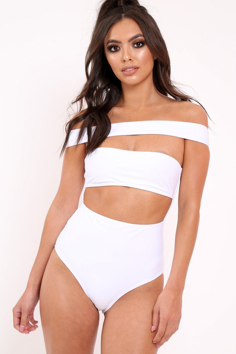 South Beach White Off Shoulder Cut Out Swimsuit-Swimsuits