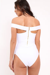 South Beach White Off Shoulder Cut Out Swimsuit-Swimsuits