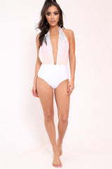 South Beach White and Pastel Sequined Plunge Swimsuit-Swimsuits