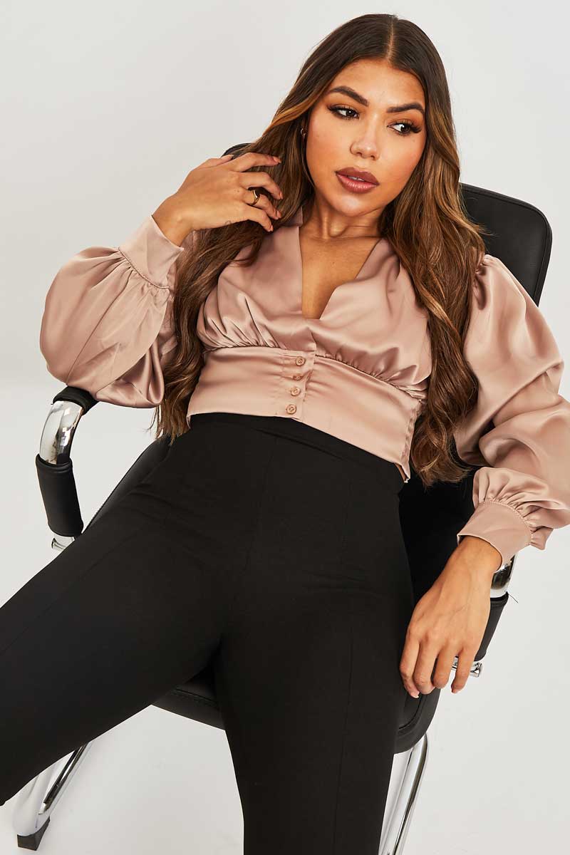 Stone Button Front Plunge Satin Crop Top - Khali-Crop Tops