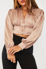 Stone Button Front Plunge Satin Crop Top - Khali-Crop Tops