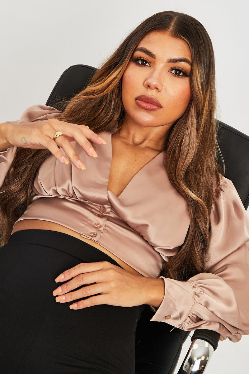 Stone Button Front Plunge Satin Crop Top - Khali-Crop Tops