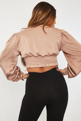 Stone Button Front Plunge Satin Crop Top - Khali-Crop Tops