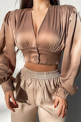 Stone Button Front Plunge Satin Crop Top - Khali-Crop Tops