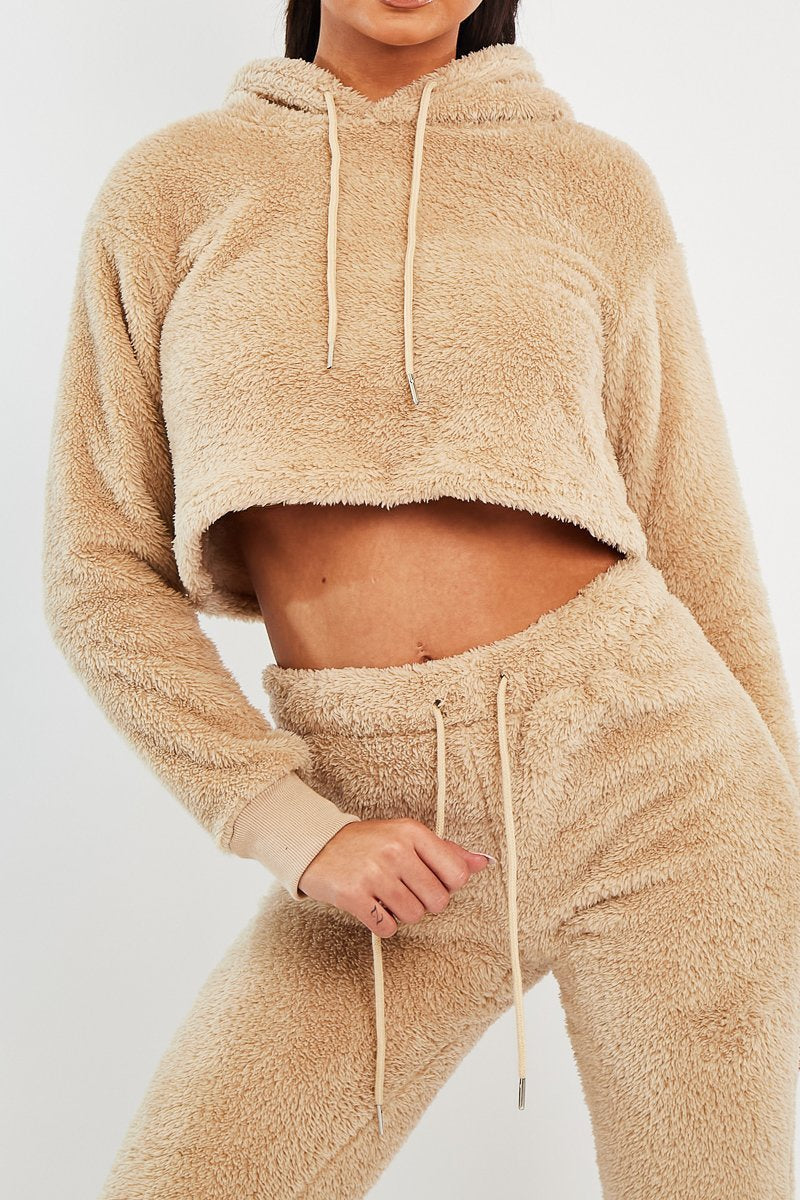 Stone Cropped Teddy Hoodie - Amyia-Hoodies