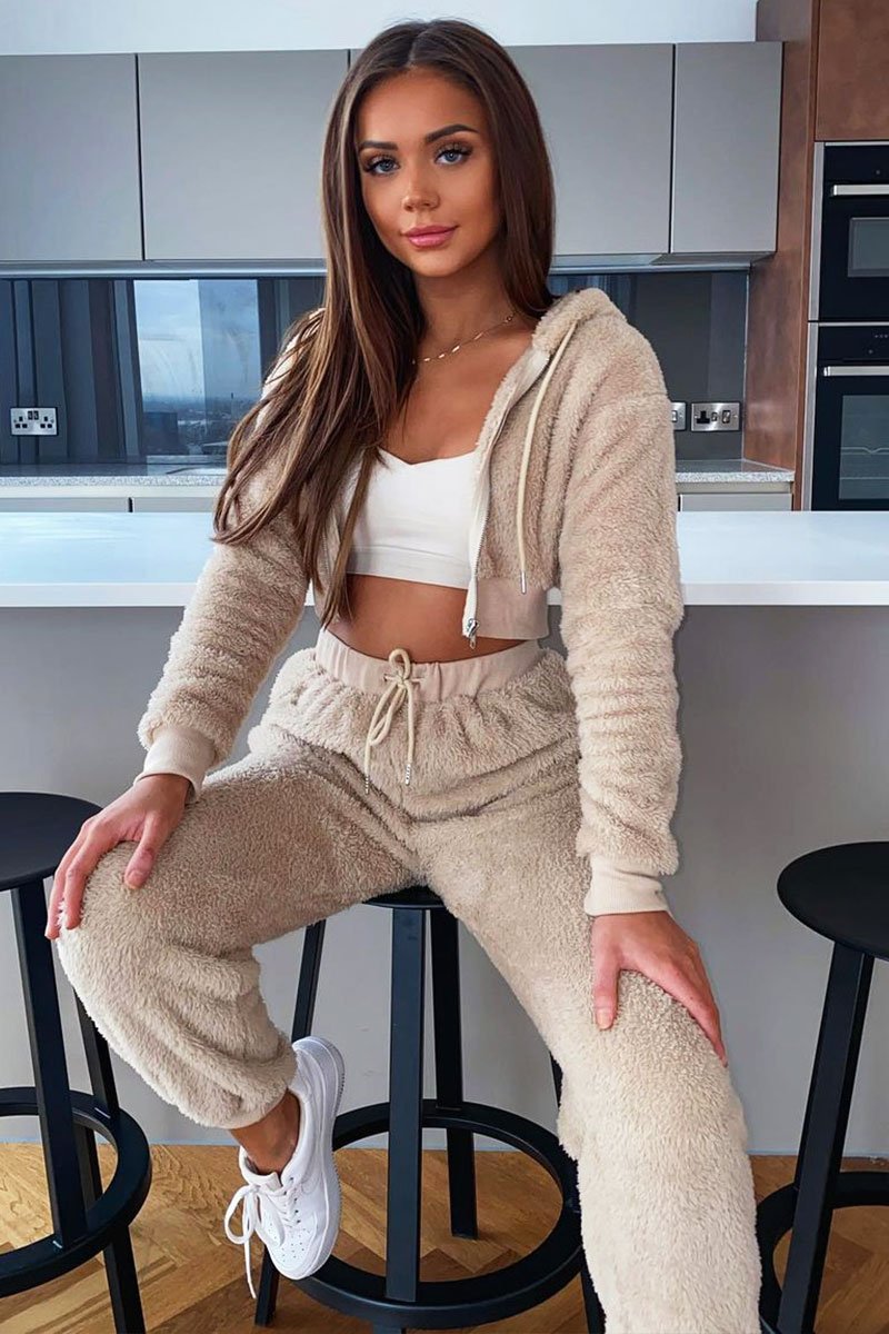 Stone Cropped Teddy Zip Up Hoodie - Cheryl-Hoodies