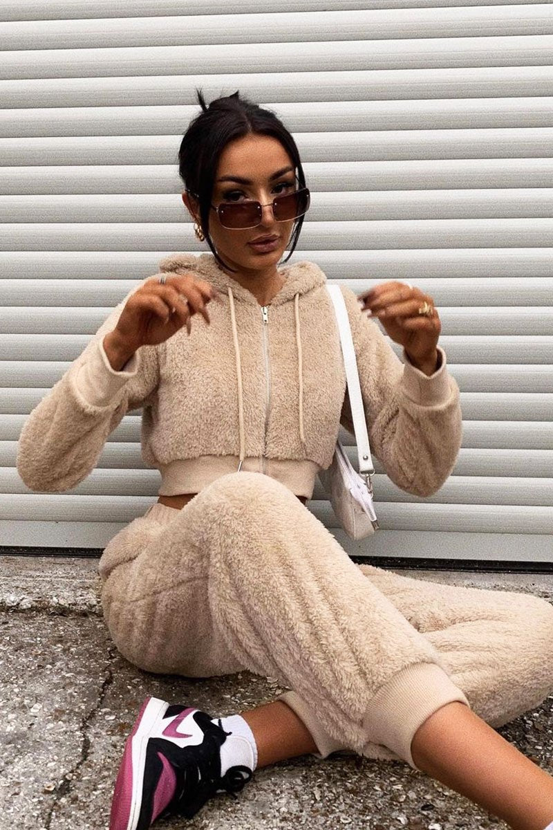 Stone Cropped Teddy Zip Up Hoodie - Cheryl-Hoodies