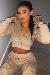 Stone Cropped Teddy Zip Up Hoodie - Cheryl-Hoodies