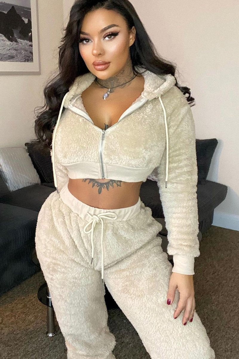 Stone Cropped Teddy Zip Up Hoodie - Cheryl-Hoodies